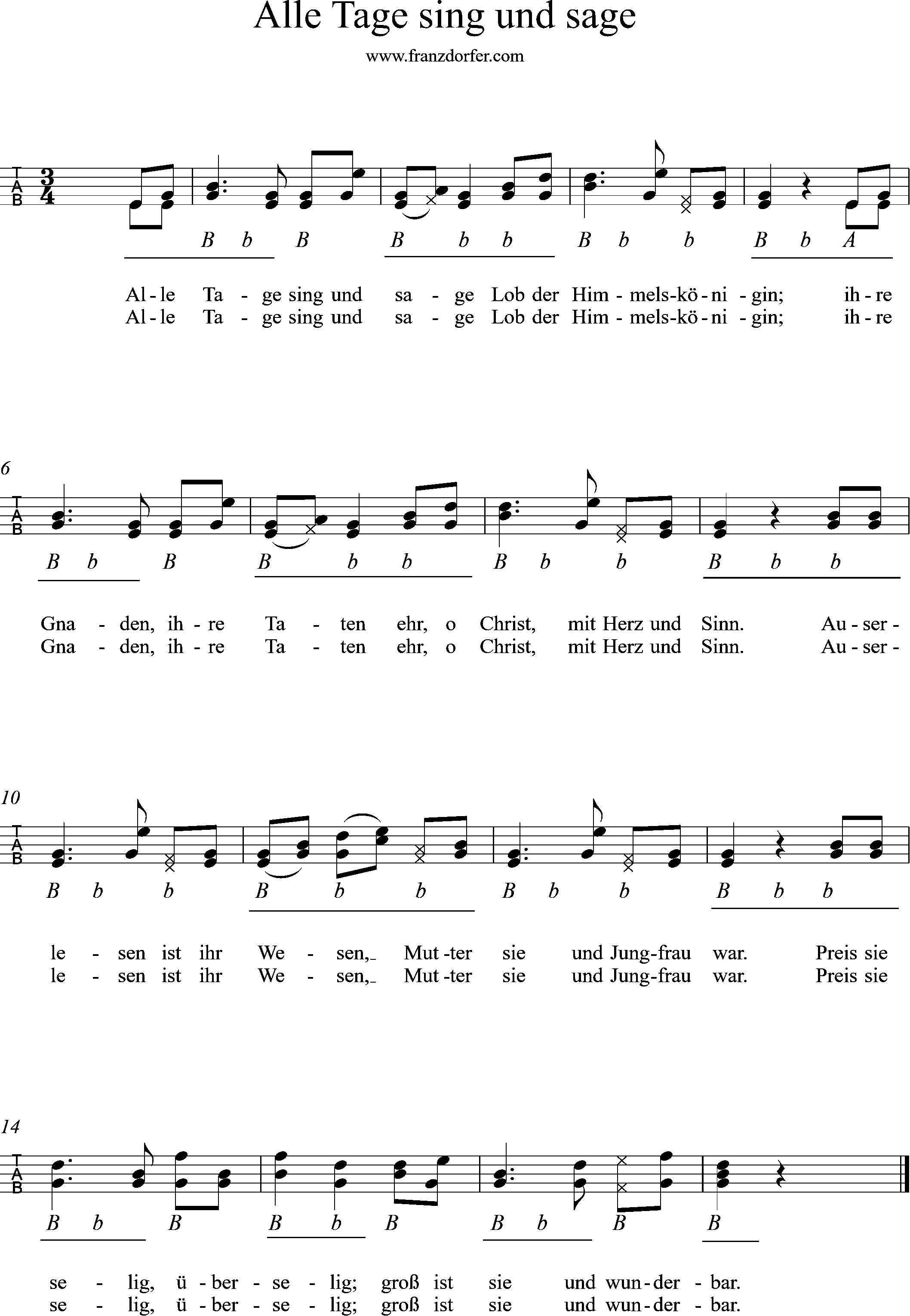 Ziachnoten, Alle Tage sing und sage, Griffschrift für Steirische harmonika Griffschrift, Alle Tage sing und sage